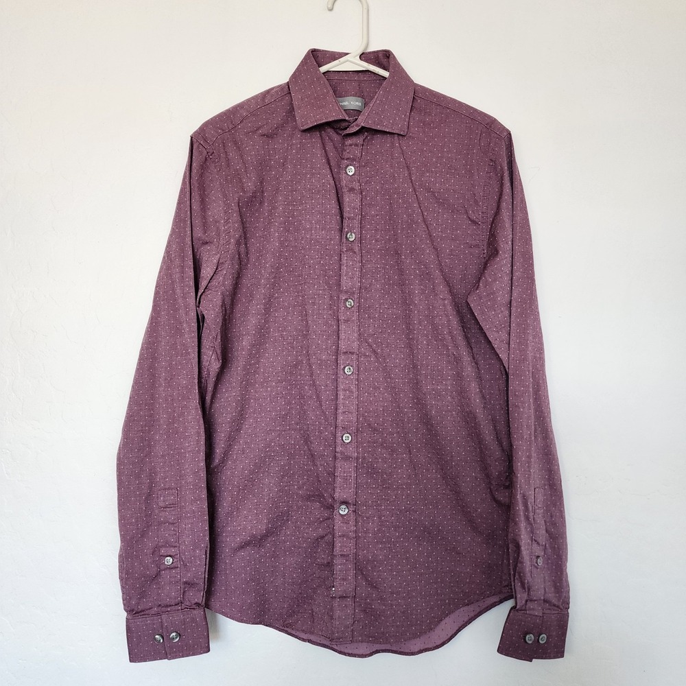 Michael Kors Slim Fit Dress Shirt Men's 15 34/35 Burgundy Dot Button Up NWT - Picture 2 of 8